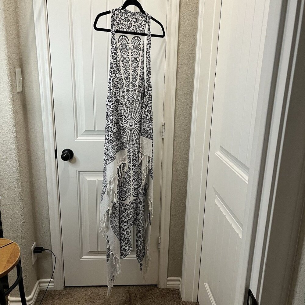 Womens Kimono Open Front Fringe Waterfall Medallion Paisley Sleeveless OS Boho